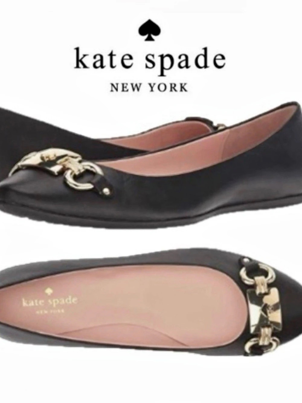kate spade phoebe Black Ballet Flats with Gold-Tone Hardware NWOT Size 8